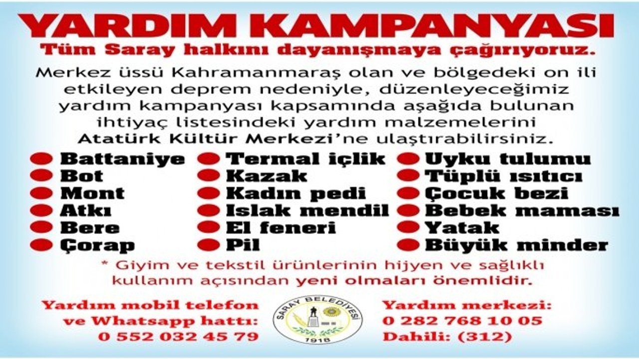 Saray Belediyesi’nden deprem bölgesi için yardım kampanyası